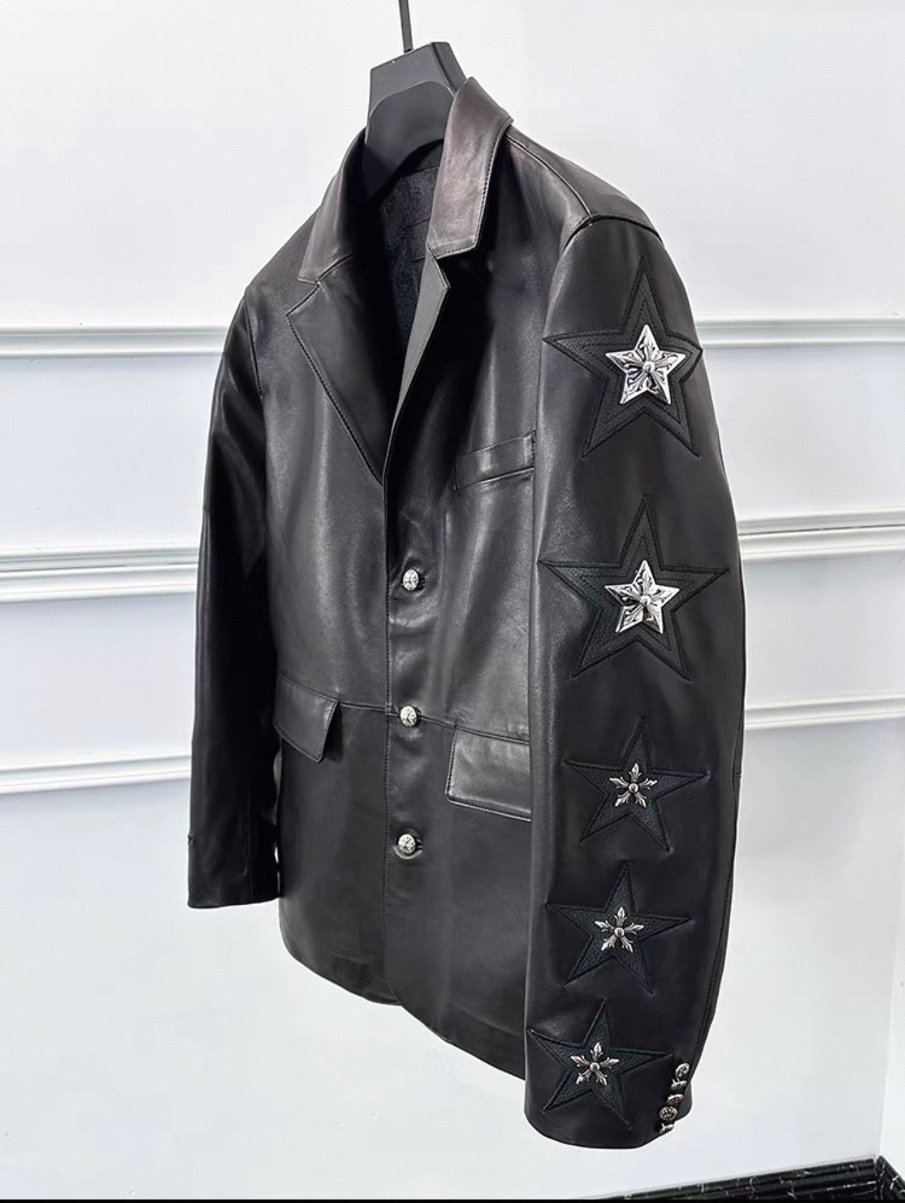 Mawa Lab Star Embroidered PU Leather Blazer – Black