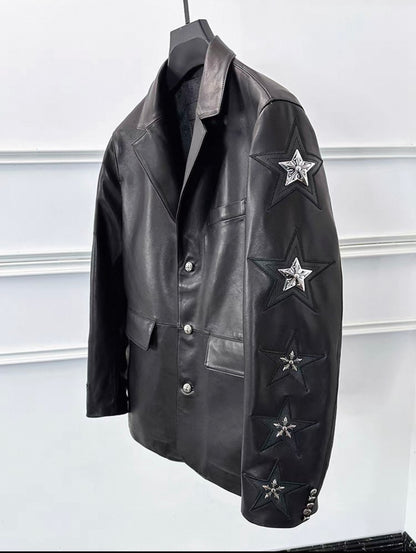 Mawa Lab Star Embroidered PU Leather Blazer – Black