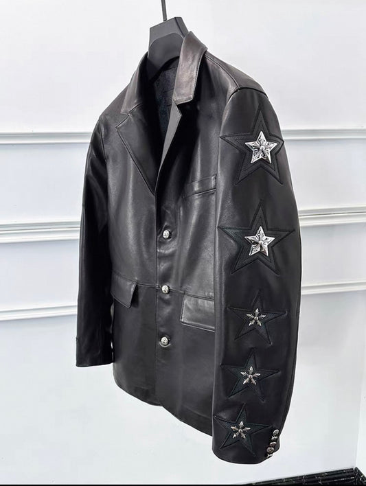Mawa Lab Star Embroidered PU Leather Blazer – Black