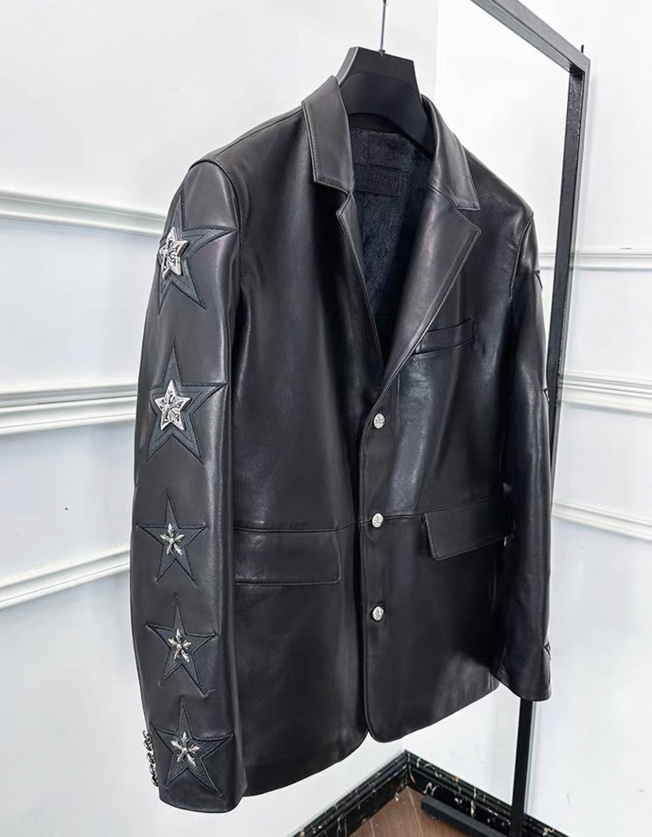 Mawa Lab Star Embroidered PU Leather Blazer – Black