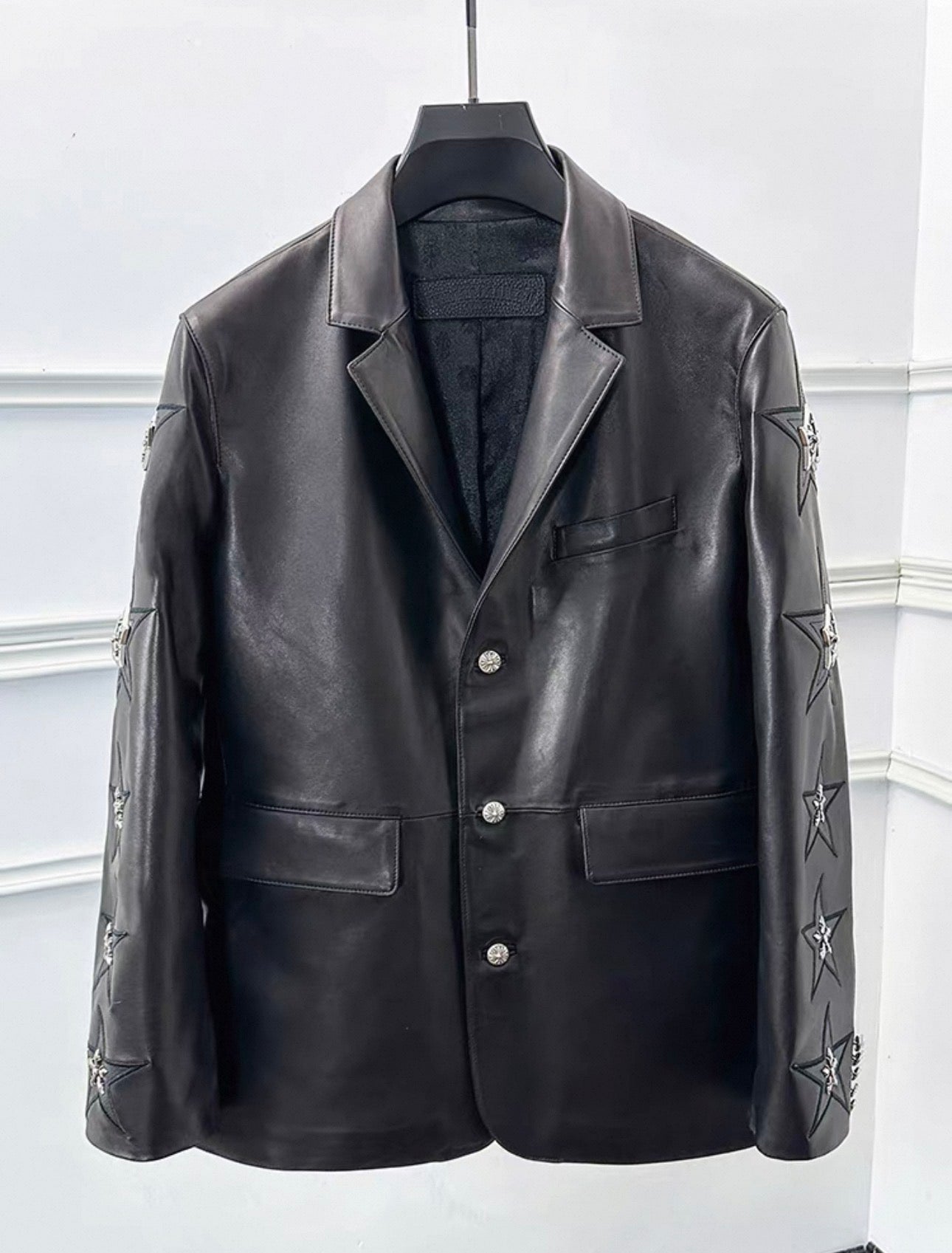 Mawa Lab Star Embroidered PU Leather Blazer – Black