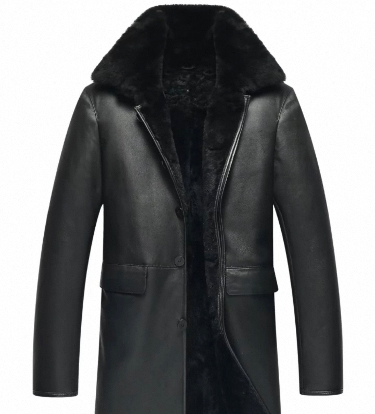 Yúnshēng Atelier – Black Leather Overcoat with Faux Fur Collar