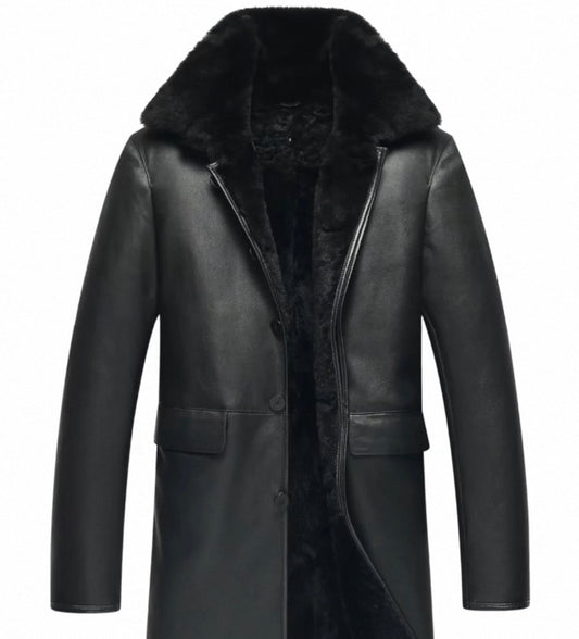Yúnshēng Atelier – Black Leather Overcoat with Faux Fur Collar